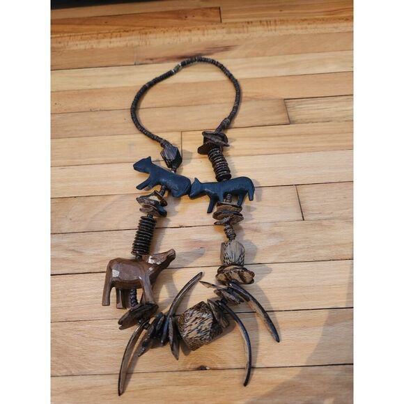 Safari Animal Necklace Wood Bead Carved Wooden African Handmade 14" Drop Vintage - Picture 6 of 6